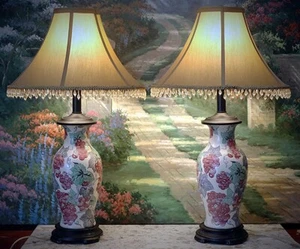 "Par de lámparas de mesa de cerámica asiática oriental vintage con tonos con cuentas 26"" x 15" - Imagen 1 de 16