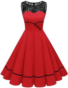 Women's 50s Floral Lace Rockabilly Dress Sleeveless Round Neck Swing Dress - Picture 1 of 7