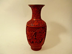 Vintage Chinese Red Cinnabar 10" Vase Carved Floral Blue Enamel Interior Brass - Picture 1 of 10