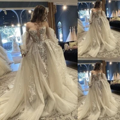 Boho Beach Sweetheart Wedding Dresses with Detachable Sleeves Lace Appliques - Image 1 of 4