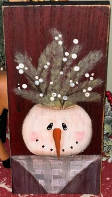*~* HAND PAINTED SNOWMAN *~* GREENS & BERRIES *~* WINTER *~* RECLAIMED WOOD - Image 1 of 2