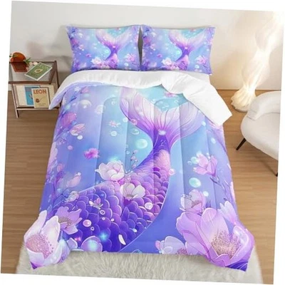 Pretty Mermaid Comforter for Girls Kids, Mermaid Fish Scale Floral Twin Purple - Image 1 of 4