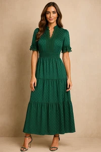 Max Studio Maxi Dress Women M Green Polka Dot Floral Lace Tiered Prairie Elegant - Picture 1 of 17