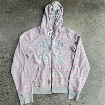 Moletom com capuz feminino Y2K Aeropostale XL cinza rosa listrado zíper completo soletrado - Imagem 1 de 4