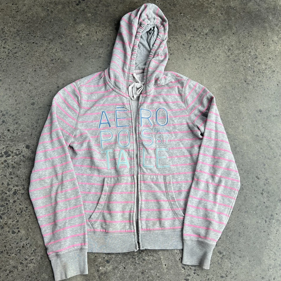 Sudadera con Capucha Y2K Aeropostale para Mujer XL Gris Rosa Rayas Cremallera Completa Spellout Foto 1 de 4