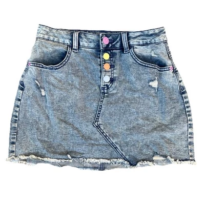 Justice Denim Niñas XL 27” Azul Elastizado Cintura Alta Botón Corto Mini Jean Falda Foto 1 de 3