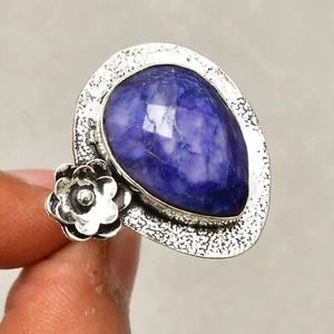 Sapphire Lab-Created Gemstone Handmade 925 Sterling Silver Jewelry Ring Size 9 - Picture 1 of 8