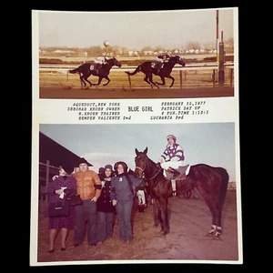 Vintage 1977 Aqueduct Winner Circle Photo Blue Girl Horse Racing NYC - Picture 1 of 1