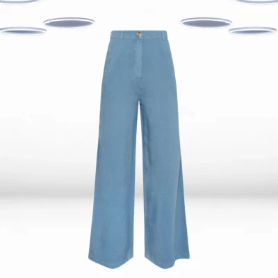 Ex Women's Tall SizeChambray Wide Leg Trousers in Blue (Defect) - Image 1 of 3