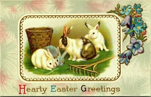 Bunnies eating Grass wood rake, gold frame flowers embossed Easter Postcard - Picture 1 of 2