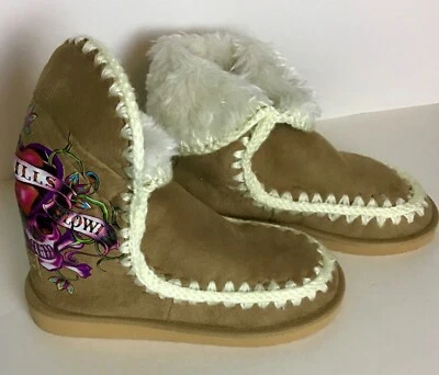 Don Ed Hardy Botas al Tobillo de Piel de Oveja para Mujer 6 Marrón Gamuza Estampado de Calavera Forradas de Piel Foto 1 de 4