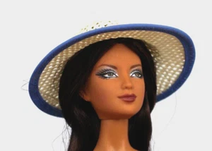 Barbie Sun Hat Natural Straw Derby Gardening Beach Fashion Blue ribbon trim - Picture 1 of 8