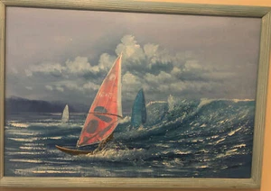 Wunderschönes Vintage Windsurfen Ozean Windsurfer Ölgemälde signiert R. Norris - Bild 1 von 11