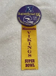 VINTAGE 1975 Minnesota Vikings Super Bowl IX 3 1/2 Inch Button W/SB Ribbon, NICE - Picture 1 of 4