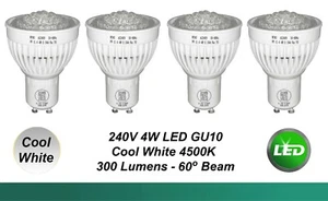 4 x 4W 240V GU10 Wide Beam LED Downlight Globes Bulbs Cool White 4500K - 60D - Picture 1 of 5