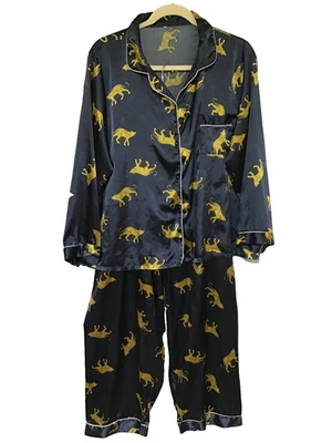 Conjunto de pijama feminino 5XL 2 peças azul marinho dourado chita gato botão top calça animal - Imagem 1 de 4