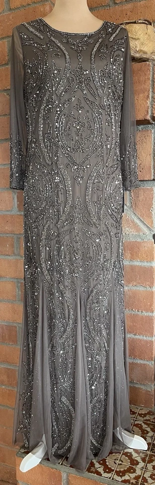 Maxi Vestido de Malla Formal con Cuentas Pisarro Nights para Mujer Talla 14 Moca Evento Boda Foto 1 de 4