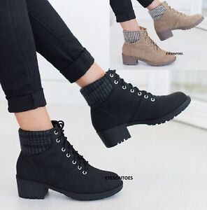 WOMENS PLATFORM LACE UP LADIES HIGH BLOCK HEEL SOLID ELASTIC BACK ANKLE BOOTS SZ