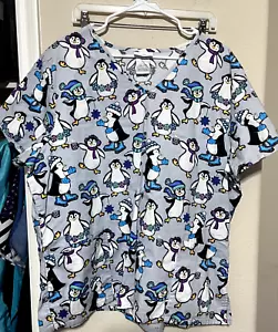 Scrub Star Womens Top Size 2XL White Penguins Christmas Trees Pockets Winter - Picture 1 of 6