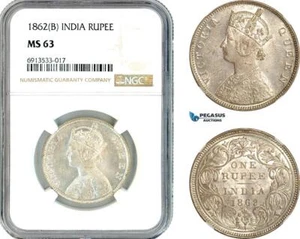 AK329, India (British) Victoria, 1 Rupee 1862 B, Bombay Mint, Silver, NGC MS63 - Picture 1 of 1