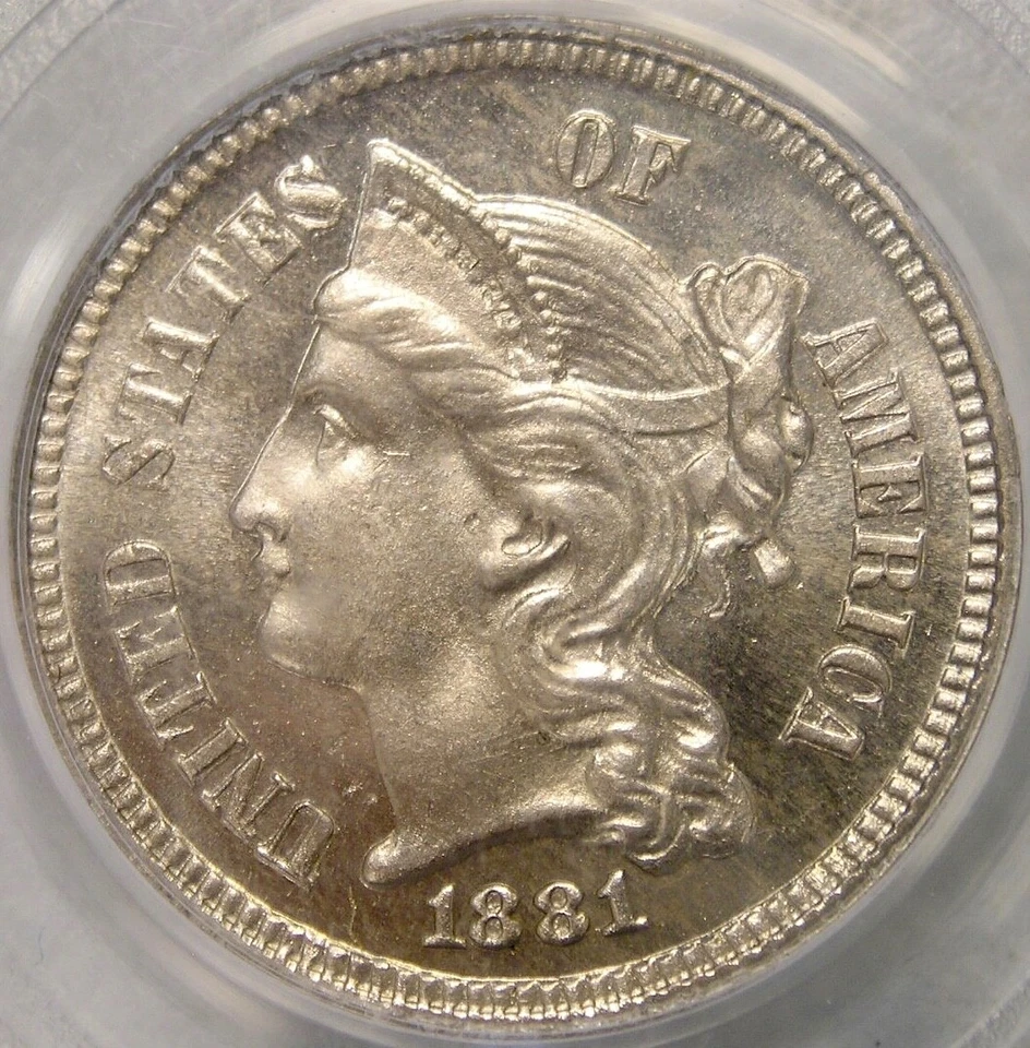 1881 THREE CENT NICKEL GORGEOUS BEAUTIFUL VERY SCARCE CHOICE GEM+ PCGS PF 66 OGH - Image 1 of 4