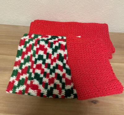 VTG Christmas throw blanket hand knit Lot 3 Red Green White abstract handmade - Image 1 of 4