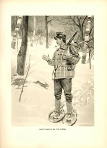 1900 c Antique Original Print Outdoors Hunting ~ Snow shoeing in the Woods - Picture 1 of 1