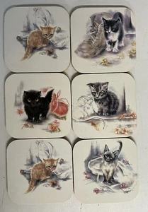 Kitten Cat Coasters Cork Backed Set Of Six Excellent Condition - Picture 1 of 5