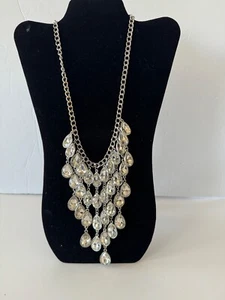 Silver Necklace with white Tear Drop Rhinestones, 28 inch long - Picture 1 of 5