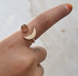 Natural Sunstone Moon Crescent Platinum Over Sterling Silver Adjustable Ring - Picture 1 of 5