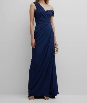 $4495 Monique Lhuillier Women's Blue Off-Shoulder Pleated Silk Gown Dress Size 8 - Image 1 of 4