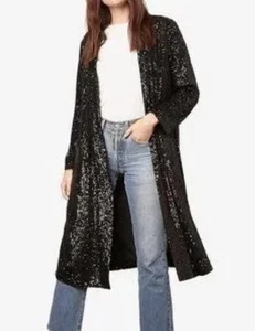 Good Days Only Women Black Open Front Sequined Duster Size M - Picture 1 of 10