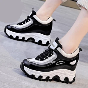 Womens Faux Leather Platform Boots Lace Up Wedge High Heels Shoes Sneakers - Picture 1 of 15