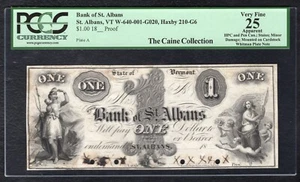 1800's $1 THE BANK OF ST. ALBANS VERMONT OBSOLETE PROOF NOTE PCGS VERY FINE-25 - Picture 1 of 2