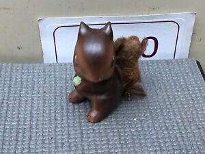 Vintage Brown Ceramic Squirrel with Fur Tail Figurine