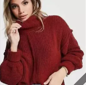 Free People Be Yours Wasserfallausschnitt Pullover Sweater Crop Chunky Maroon XS - Bild 1 von 9
