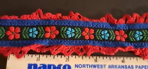 9 Yards 1 1/2" breit Jacquard royalblau rot blau Blumen Rüschenrand Spitzenborte - Bild 1 von 4