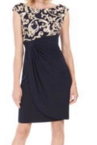 Black Dress w Gold Ribbon Swirl Design & Rushed Waist Connected Apparel Size 8 - Picture 1 of 7