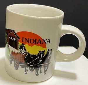 VINTAGE MED INDIANA STATE KAFFEETASSE überdachte Brücke Pferde ziehen Mann im Wagen - Bild 1 von 6
