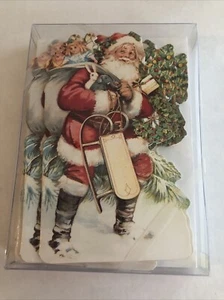Michel & Co Vintage Box Carte di Natale Babbo Natale Die Cut 12 W Buste 5”x3,75” - Foto 1 di 2
