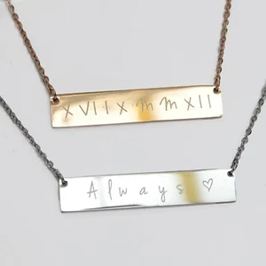 Collar personalizado grabado nombre coordenadas fecha nacimiento barra oro rosa plata - Imagen 1 de 9