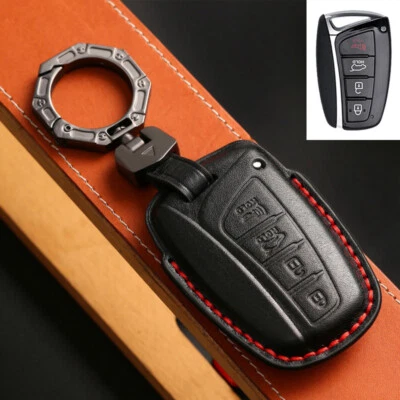 Genuine Leather Car Key Case Cover Keychain For Hyundai Santa Fe Genesis Equus - Imagem 1 de 4
