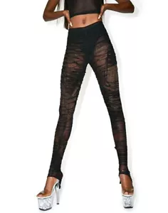 Black Fringe Sheer Leggings Women's Sexy Club-wear Yoga Fitted Bodycon S M L - Picture 1 of 10