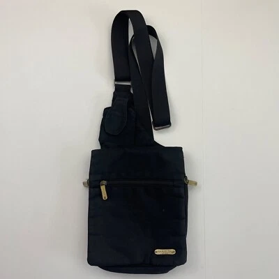 Travelon Crossbody Sling Bag Purse Black w/ Leopard Print Interior Vintage - Image 1 of 4