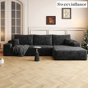 SweevisBasor 107" Cloud Sofa, Corduroy L-Shaped Sectional with Chaise, Black - Picture 1 of 35