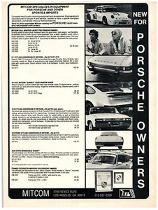 Anuncio impreso Mitcom 1975, piezas de automóviles personalizadas para Porsche y propietarios de importaciones pantalla solar - Imagen 1 de 1