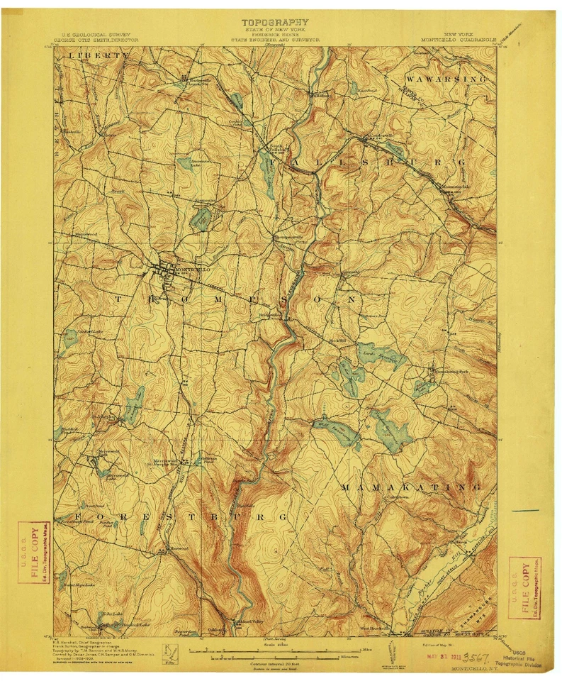 Monticello, NY, Topographic Map, 1911, USGS – Premium Matte Print – Historic NY - Image 1 of 1