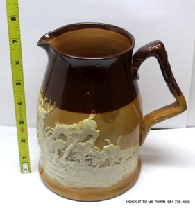 ANTIQUE ROYAL DOULTON ENGLAND STONEWARE POTTERY PITCHER HUNTING SCENE RELIEF - Picture 1 of 8
