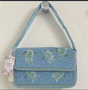 Viral Beaded Sea Turtle Design Shoulder Bag - Blue - Picture 1 of 3
