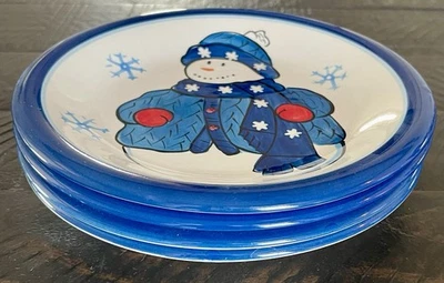 4 Vintage Libbey Snowman 8" Salad/Lunch Christmas Winter Blue Snowflake Plates - Image 1 of 4